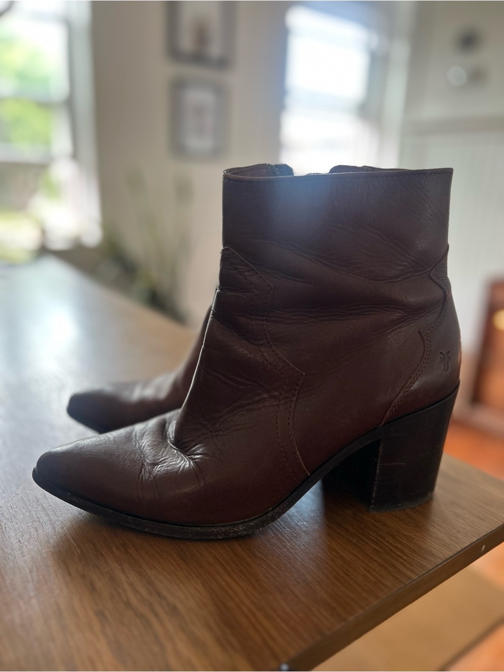Frye Dark Brown Leather Ankle Booties with Block Heel